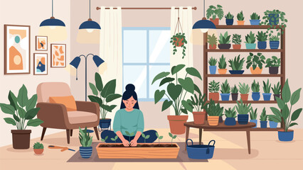 Fototapeta premium Woman enjoying her indoor gardening hobby by planting and caring for a variety of green plants in her cozy home.