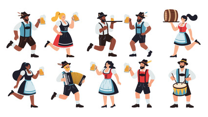 Fototapeta premium Various men and women in traditional German Oktoberfest outfits dance and celebrate while holding large beer mugs.