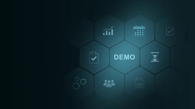Glowing neon line Business Demo concept animation on abstract technology background with rotating world map icon. digital interface on cyan color background