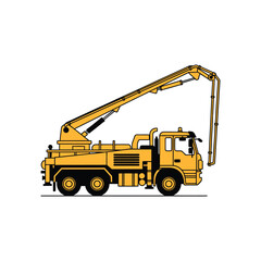 Illustration of a large yellow concrete pump truck with extended boom on a white background © Adinda
