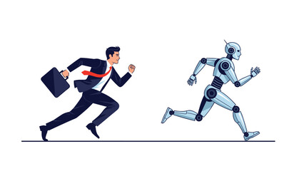 Fototapeta premium Determined businessman in a formal suit running a race against a fast silver humanoid robot to illustrate human versus machine competition.