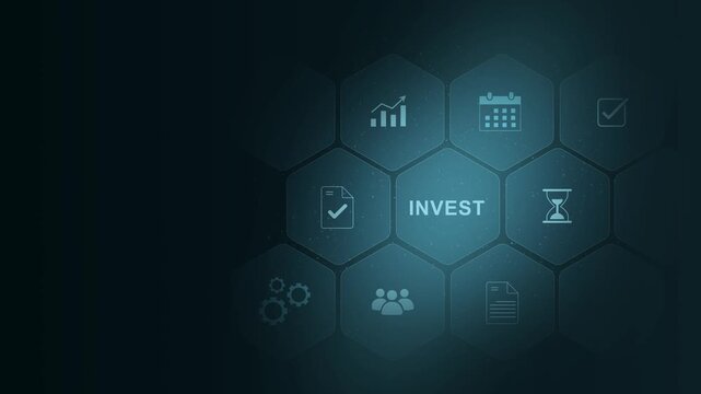 A Invest business concept on a flashing computer monitor with moving graphs and data. Graph displaying candlesticks and lines representing. digital interface on cyan color background