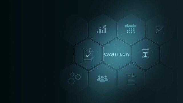 Cash Flow concept button on a futuristic computer screen. abstract technology background with rotating world map icon, digital interface on cyan color background