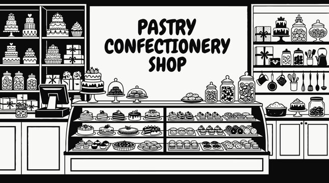 confectionery food shop interior store counter shelf cake candy display customer retail market product commerce business design vector illustration