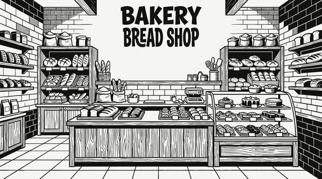 bakery food shop interior store counter shelf bread pastry display customer retail market product commerce business design vector illustration
