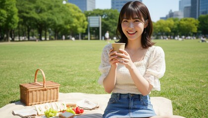 Fototapeta premium 公園のピクニックでコーヒーを手に爽やかな笑顔を見せる女性