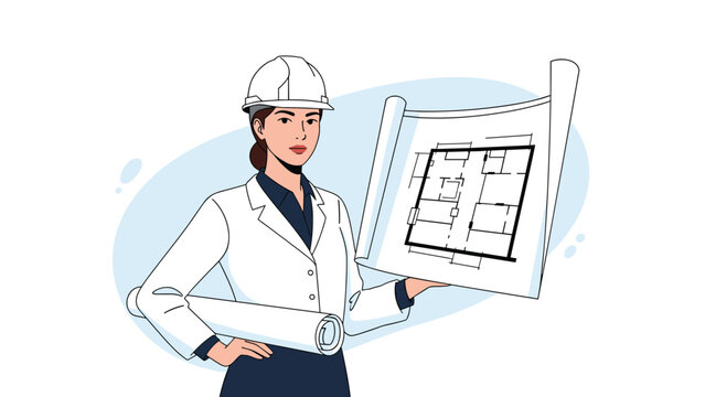 Female architect in a white coat and hard hat stands before a blueprint, presenting construction plans for a project.