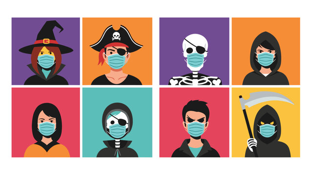 Eight characters in various Halloween costumes like a witch, pirate, and skeleton wear protective face masks during the pandemic.