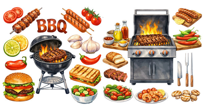 A charming watercolor collection of BBQ elements, including flaming charcoal grills, sizzling steaks, skewered kebabs, juicy burgers, grilled sausages, fresh vegetables, and colorful condiment bottles