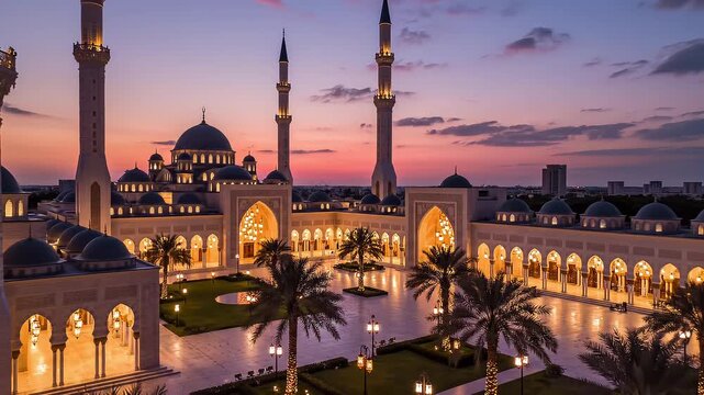 Sunset Mosque Courtyard With Ramadan Lantern Lights