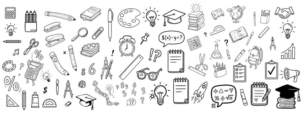 Back to School Sketchy Vector Elements, Stationery and Math Doodles