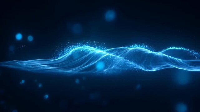 Abstract depiction of undulating waves formed by luminous particles against a dark background