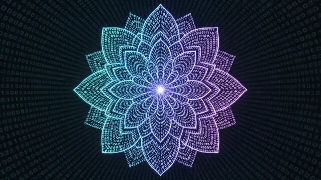 A mesmerizing digital mandala design glowing with blue and purple hues on a dark grid background