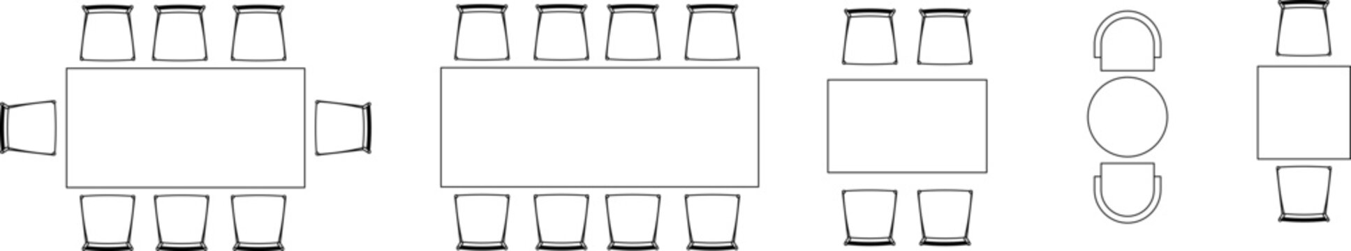 Collection of dining table floor plan icons, featuring rectangular, circular, and square sets for restaurant and home use