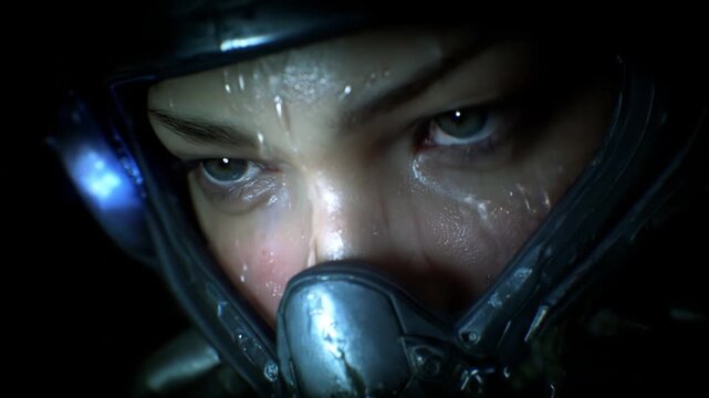 A futuristic warrior gazes intensely through a metallic mask, wet from rain or sweat, in a close-up, high-tech portrait.
