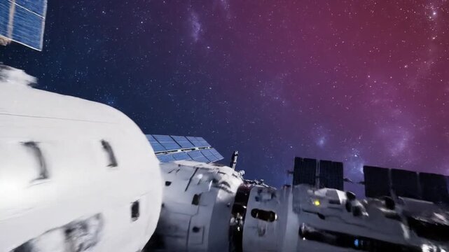 Spacecraft orbiting Earth with galaxy background viewed from space station module
