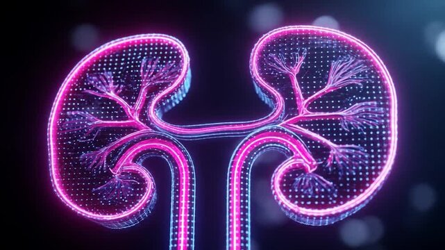 Digital illustration of kidneys with neon pink outline and blue dots on dark background