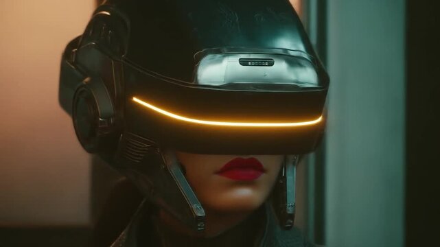 Futuristic astronaut wearing a high-tech helmet with glowing orange visor in a dimly lit room, close-up view.