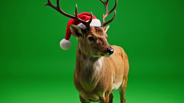 Christmas deer with red santa claus hat isolated on green screen background for festive banner and chroma key template