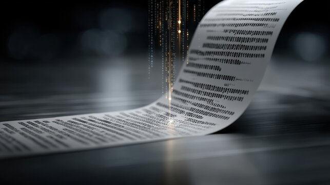 A long piece of paper with binary code printed on it. Digital data creates an atmosphere of modern technology and information exchange, symbolizing machine intelligence.
