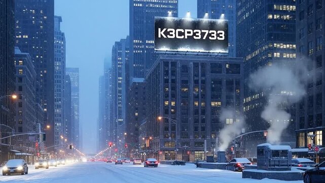 Snowy urban avenue at dusk with steaming vents and traffic.