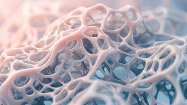 Slow motion footage of a porous bone like organic structure with a complex beige lattice and soft warm lighting representing osteoporosis or advanced microscopic anatomy research.