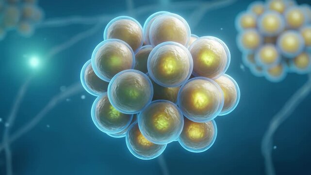 Microscopic slow motion footage of a yellow cell cluster or embryo morula showing internal glowing organelles and biological membrane structures in a blue liquid environment.