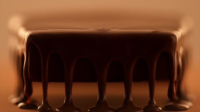 Delicious chocolate cake with decadent fudge frosting cascading down the sides dramatically