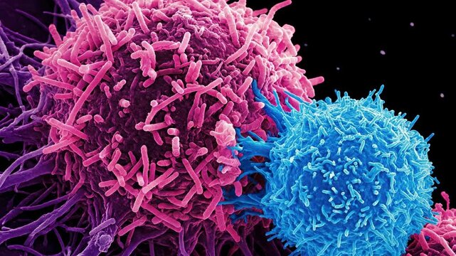 Macro footage of a blue T-cell attacking a pink cancer cell showing microscopic biological interaction and immune system response for medical and scientific research concepts.
