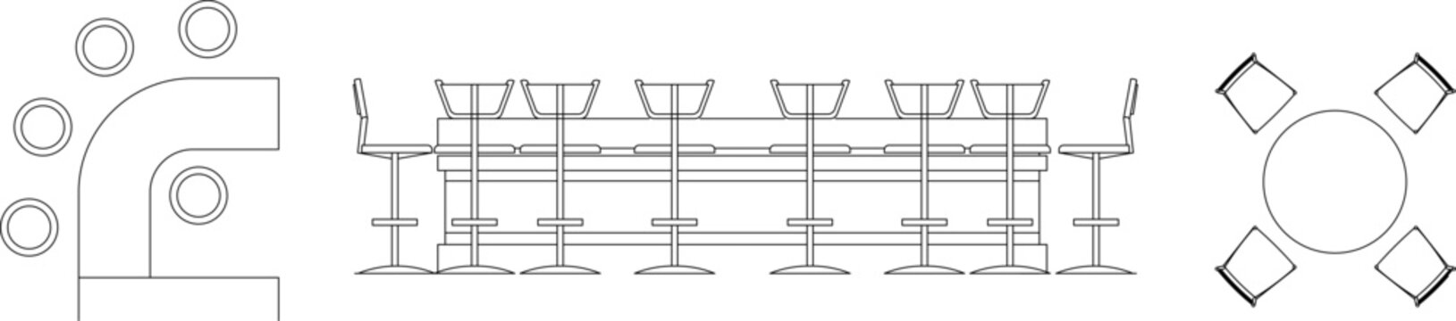 Furniture floor plan icons featuring a bar counter with stools, a curved lounge desk, and a round dining table with chairs.