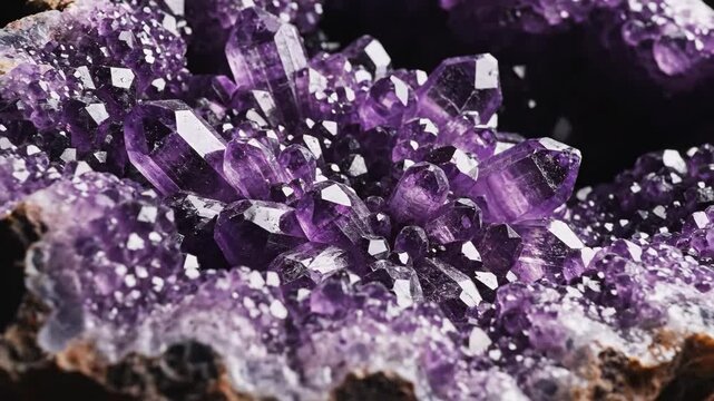 Stunning amethyst crystals in geode with intricate formations and vibrant colors reflecting light. Amethyst geode showcases beautiful purple hues and natural textures,
