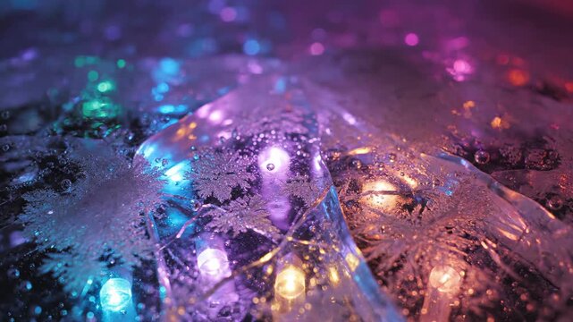 Colorful ice with snowflakes and glowing lights creating dreamy winter scene. Vibrant ice features intricate snowflake patterns illuminated by multicolored lights, enhancing winter atmosphere.