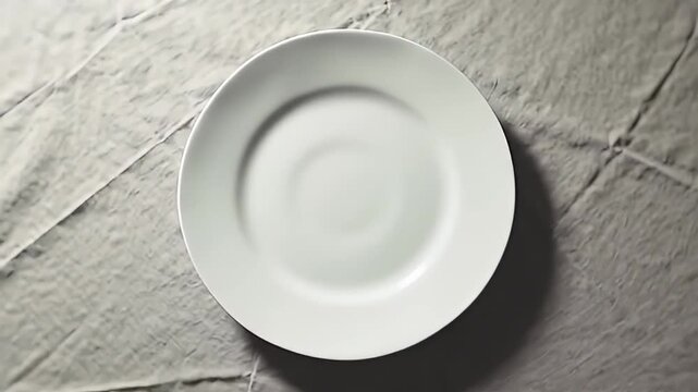 Minimalist white ceramic plate on textured linen fabric dramatic lighting creates a moody still life perfect for food photography and culinary branding concepts