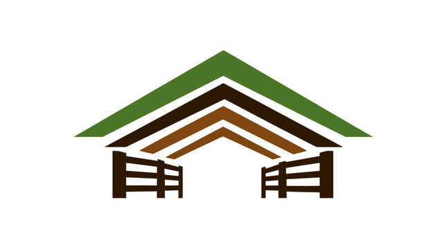 A simple, abstract illustration depicting a stylized barn or structure with a gable roof and open gate
