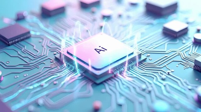 AI processor animation video on advanced microchip circuit board, artificial intelligence computing technology concept, machine learning data processing and digital innovation background