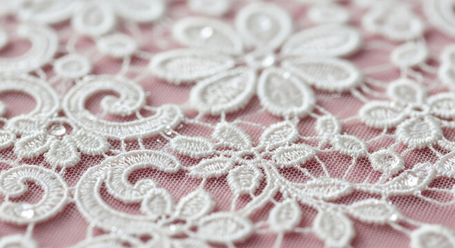 The delicate pattern of lace fabric captured in macro detail, showing intricate thread work in bright white against a soft pink background with tiny dewdrops.