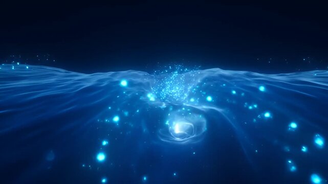 Abstract blue water surface with shimmering particles and subtle wave patterns