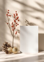 Minimal Christmas card mockup with red berries and festive decor