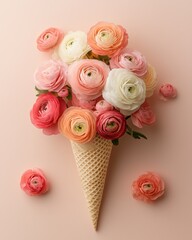 Ranunculus Flower Bouquet in Waffle Cone on Beige Background, Minimal Floral Still Life Concept