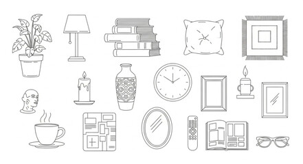 Collection of Hand Drawn Interior Design Elements and Objects.