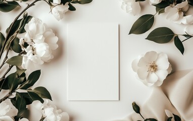 Minimal Floral Wedding Invitation Mockup with White Flowers and Blank Card on Light Background