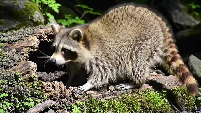 Curious raccoon emerges from a hollow log in a lush forest setting displaying its distinctive markings and alert expression a captivating wildlife portrait