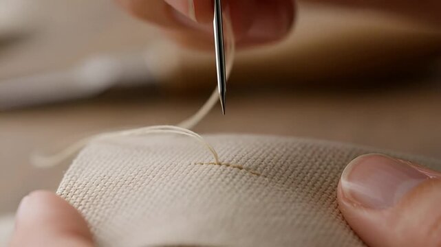 Close up of a hand sewing beige fabric with a needle and thread
