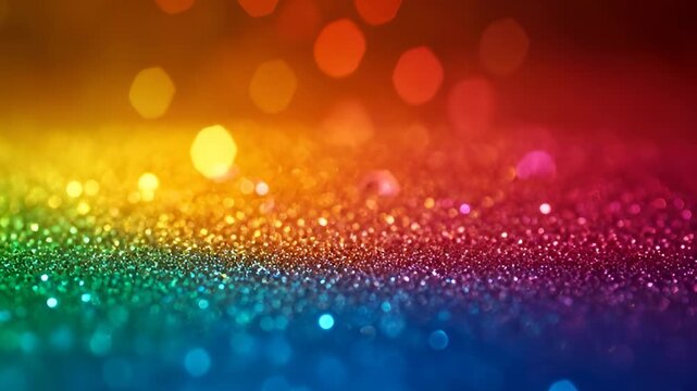 Rainbow Glitter Background with Shimmering Bokeh Lights, Vibrant Multicolored Sequins Texture, Abstract Sparkly Party Background in Slow Motion