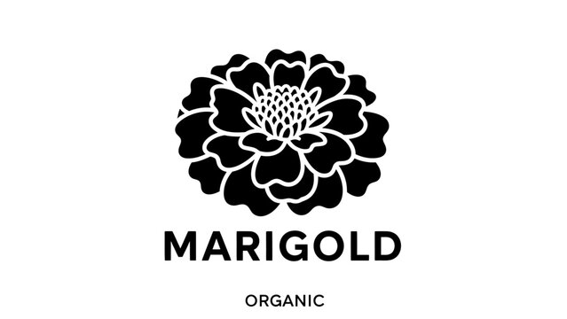 Bold black silhouette of a marigold flower with text "MARIGOLD" and "ORGANIC" on white
