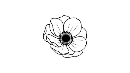 A stylized black and white illustration of a flower centered on a white background