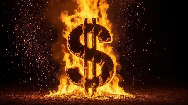 Burning dollar symbol engulfed in dramatic flames representing financial crisis.