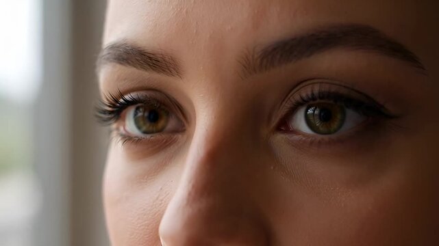 Closeup of a young woman's face with striking green eyes