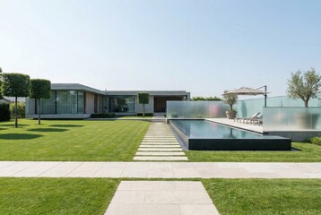 Minimalist contemporary house with a long swimming pool and green lawn.