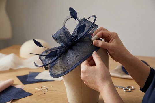 A milliner's hands sewing and crafting a navy blue fascinator hat.